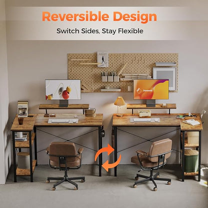Mericonia Small L Shaped Computer Desk with Power Outlets, Reversible Gaming Desk with Storage Shelves & Monitor Stand, Corner Gamer Desk Table, Study Writing Table