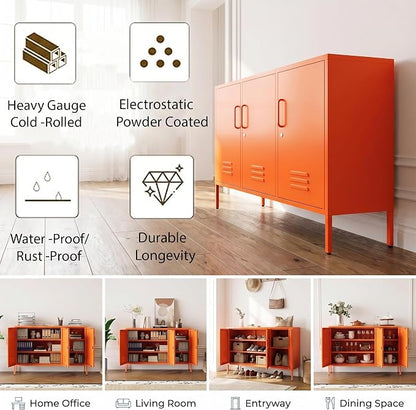 Orange Metal Storage Cabinet 3 Door Wide Metal Storage Cabinet 2 Layer Adjustable Shelves 32 "H Wide Steel Lockable Storage Cabinet Multipurpose Metal Accent Cabinet for Office/Home/Dining