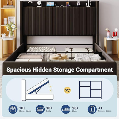 Allewie King Size Lift Up Storage Bed Frame,Storage Shelf Headboard with Charging Station,Type-C and USB Ports,Hydraulic Support,Velvet Upholstered Bed Frame,No Box Spring Needed,Black