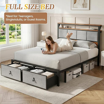 Upholstered Full Bed Frame with 2-Tier Storage Headboard, Metal Platform Bed with Charging Station, Full Size Bed Frame with 2 Under Bed Storage Drawers, No Box Spring Needed, Noise-Free