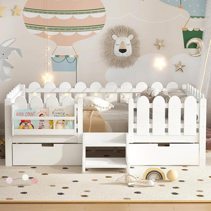 Bellemave Full Size Montessori Bed with Stairs, Lights, Rails and Slats, Full Size Montessori Floor Bed with Bookshelf and 2 Storage Drawers, Easy Assemble Beds Frame for Girls, Boys, White