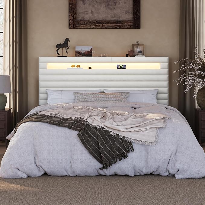 SHA CERLIN King Bed Frame with LED Light & 2-Tier Storage Shelf, Velvet Upholstered Adjustable Headboard with Charing Station, Horizontal Channel Tufted, No Box Spring Needed, Easy Assembly, White