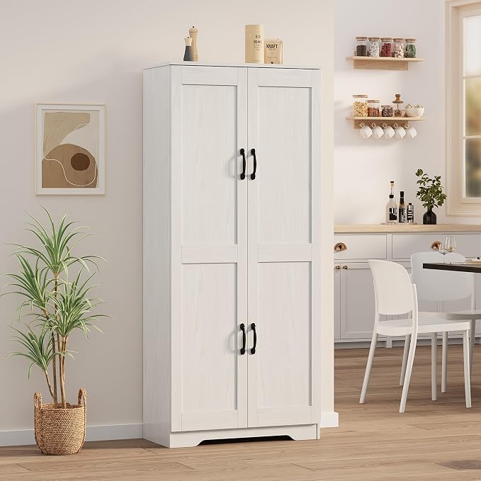 Garvee Kitchen Pantry Cabinet, Freestanding White Pantry Storage Cabinet, 60 in Cupboard, Tall Bathroom Storage Cabinet with 2 Doors and Adjustable Shelves, for Dining Room, Living Room, White
