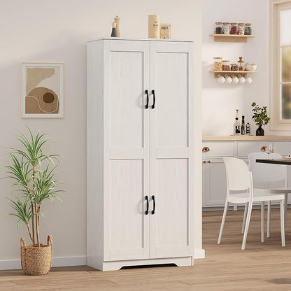 Garvee Kitchen Pantry Cabinet, Freestanding White Pantry Storage Cabinet, 60 in Cupboard, Tall Bathroom Storage Cabinet with 2 Doors and Adjustable Shelves, for Dining Room, Living Room, White