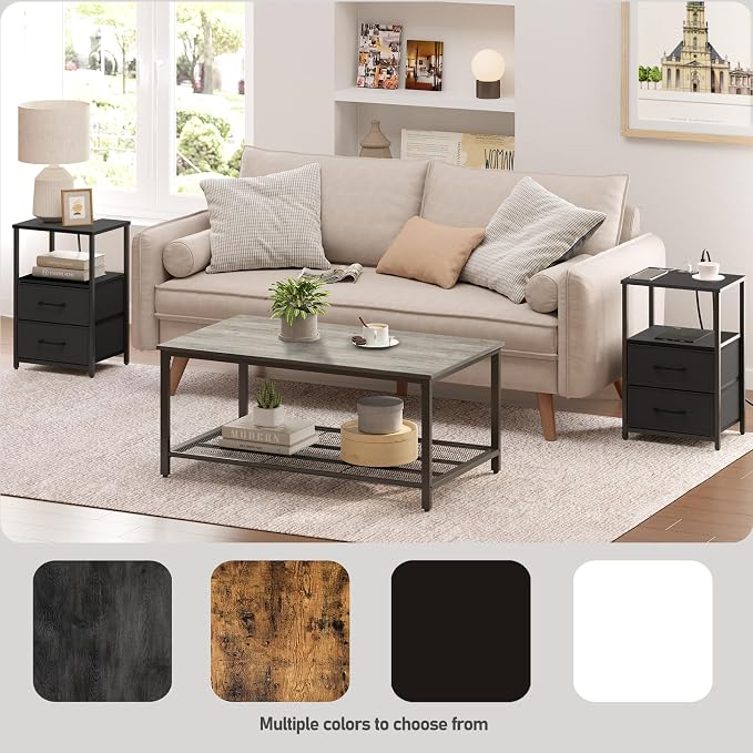 TUTOTAK LED End Table with Charging Station, Night Stand, Side Table with 2 USB Ports and Outlets, Nightstand with Cloth Drawer, Bedside Table for Livingroom, Bedroom Black TB01BK088L