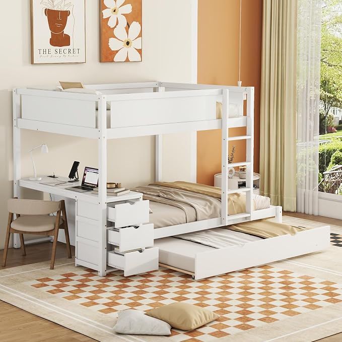Harper & Bright Designs Full Over Full Bunk Bed Twin Size Trundle, Wood Full Bunk Bed with USB Ports, Storage and Desk, White