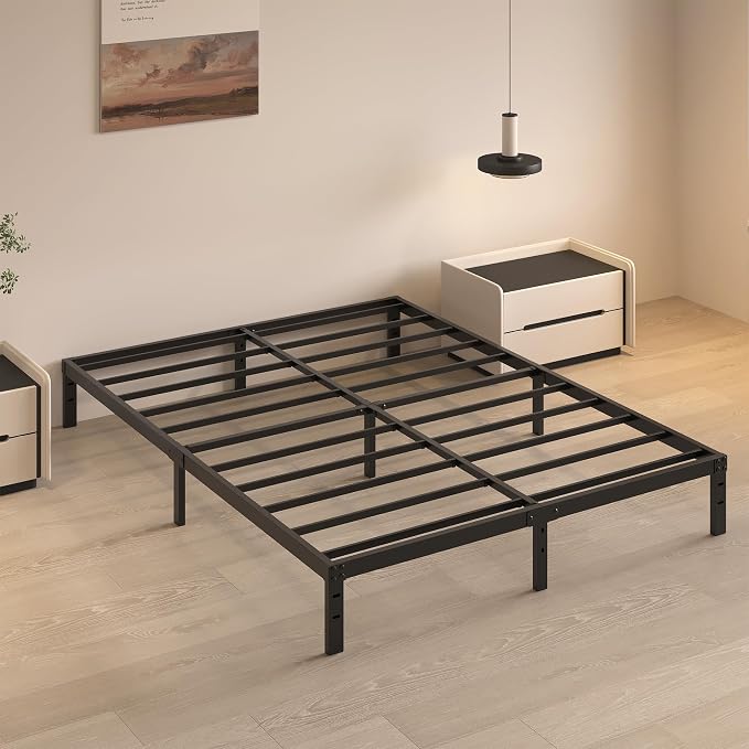 HOBINCHE 10 Inch Queen Bed Frame, Queen Size Bed Frame No Box Spring Needed | Heavy Duty Metal Platform Mattress Foundation with Steel Slats, Non-slip Noise Free Easy Assembly Black
