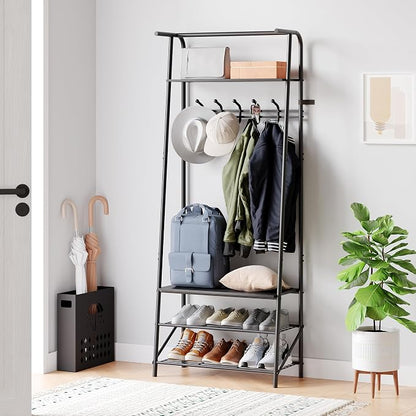 Jojoka Coat Rack Hall Tree with Shoe Storage Bench, 4-in-1 Entryway Organizer with 10 Hooks & 3-Tier Shoe Rack, Sturdy Metal Frame Freestanding Storage Unit for Hallway (Black-Single Row, 25.2in)