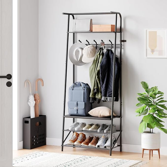 Jojoka Coat Rack Hall Tree with Shoe Storage Bench, 4-in-1 Entryway Organizer with 10 Hooks & 3-Tier Shoe Rack, Sturdy Metal Frame Freestanding Storage Unit for Hallway (Black-Single Row, 25.2in)