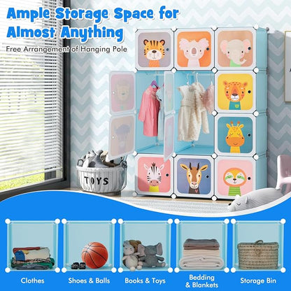 HONEY JOY Kids Wardrobe Closet, Baby Cartoon Clothes Storage Organizer, 12 Cubes & 2 Hanging Sections, Portable Children DIY Modular Bedroom Armoire Dresser Cabinet for Boys Girls (Blue)