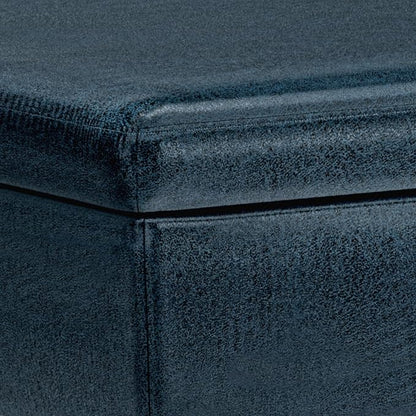 SIMPLIHOME Owen Coffee Table Storage Ottoman - 34" Wide x 19" High Upholstered Vegan Leather Rectangular Lift-Top Ottoman in Distressed Dark Blue, Mid-Century Modern Bench with Tapered Legs