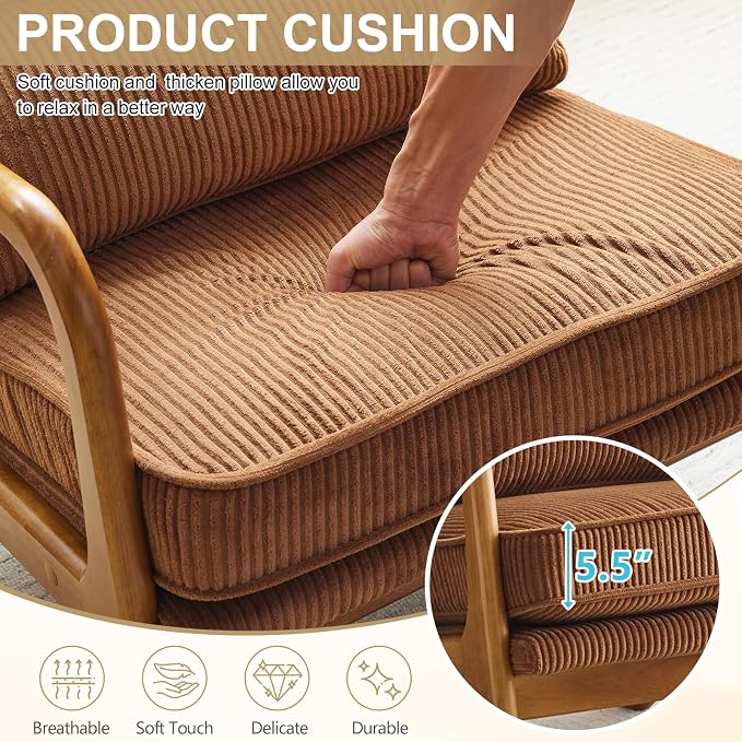 Karl home Mid-Century Modern Accent Reading Chair, Brown | Corduroy Upholstered, Solid Wood Frame, Soft Cushion, Lumbar Pillow, Lounge Armchair for Living Room, Bedroom, Balcony, Study