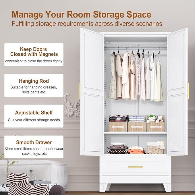 Metal Armoire Wardrobe Closet Storage Cabinet with 2 Doors White, 71'' Wardrobe Cabinet with Hanging Rod Metal Closet with Adjustable Shelf and Drawer for Bedroom, Laundry Room, Cloak Room