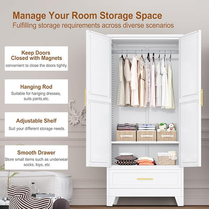 Metal Armoire Wardrobe Closet Storage Cabinet with 2 Doors White, 71'' Wardrobe Cabinet with Hanging Rod Metal Closet with Adjustable Shelf and Drawer for Bedroom, Laundry Room, Cloak Room