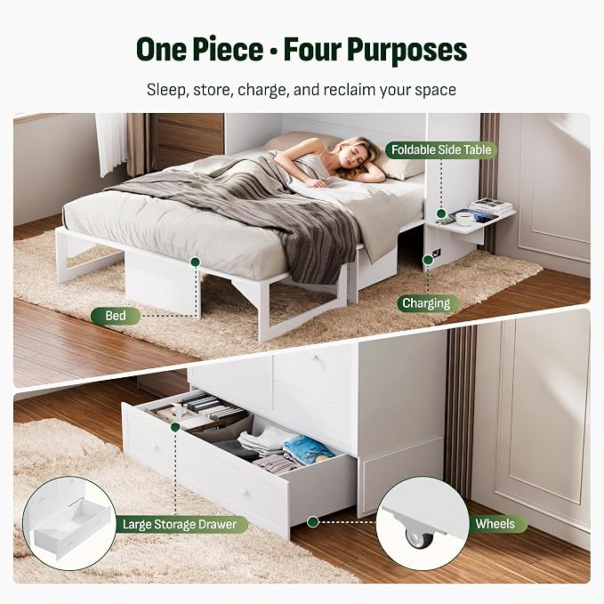Softa Queen Murphy Bed Cabinet with 6" Tri-Fold Mattress, Storage Drawer & Charging Station, 1200 Lb Heavy Duty Wood Wall Bed with Fold-Down Desk for Guest Room & Home Office, No Box Spring Needed
