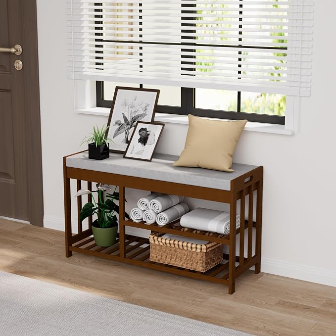 APRTAT 3-Tier Bamboo Shoe Rack Bench, Shoe Storage Organizer Bench, Entryway Benchs, Shoes Rack for Front Door Entrance, Entryway Bathroom Bedroom (Brown, Large)