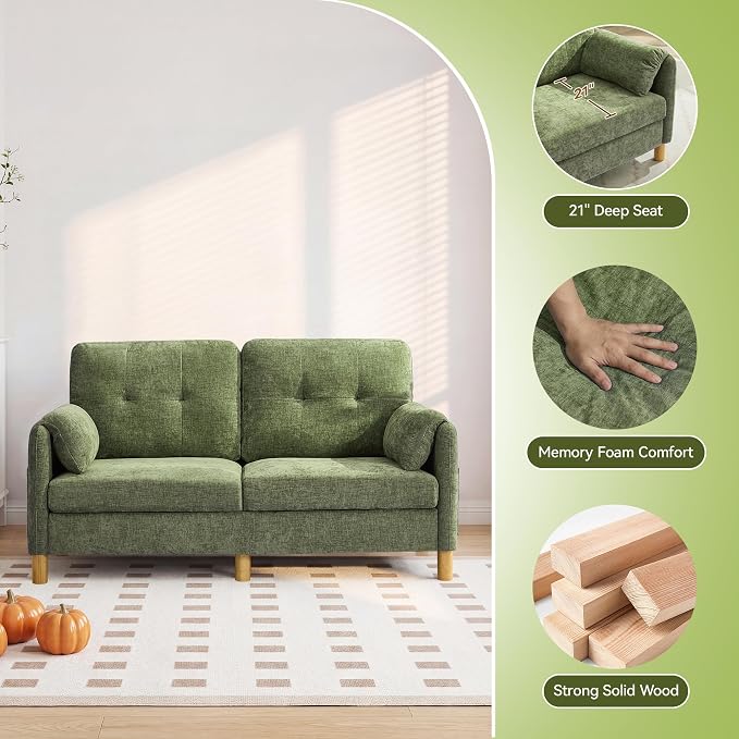 65" Loveseat Sofa, Mid Century Loveseat Couch for Living Room with Storage Pockets, Upholstered Small Loveseat for Small Spaces, Bedroom, Home Office, Apartments, Small Sofa Chenille Green