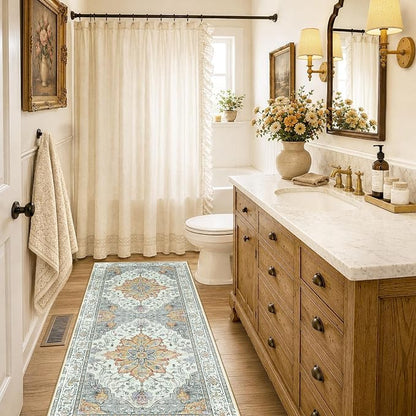 RELEANY Area Rugs Runner 2'x6' Washable Non-Slip, Floral Vintage Distress Medallion Carpet for Kitchen Hallway Bedroom Beside Laundry Room Bathroom, Beige Carbon Grey Orange