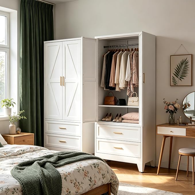 71" H White Armoire Wardrobe Closet with Drawers,Metal Wardrobe Closet with Doors and Shelves,Tall Wardrobe Closet for Bedroom