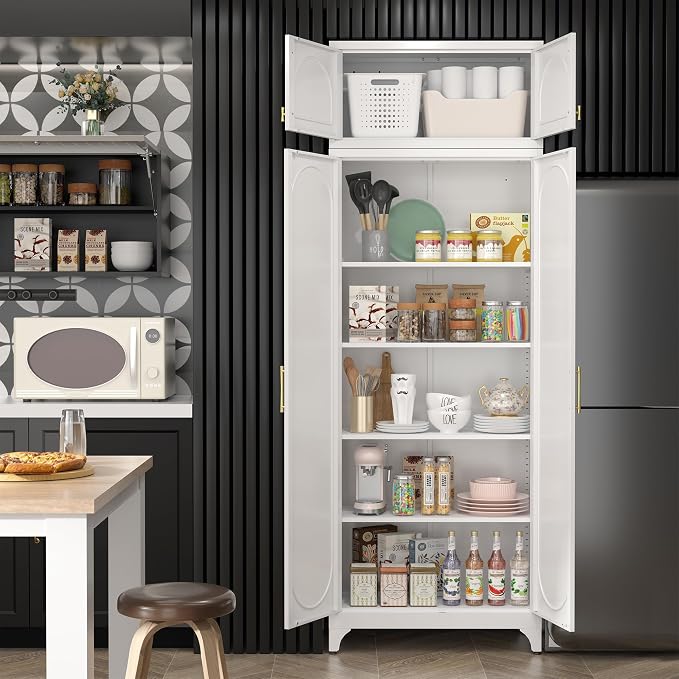 SteeLoong Metal Storage Cabinet and Wall Upper Storage Cabinet,90Inch White Kitchen Pantry Cabinets with 4 Adjustable Shelves,Tall Food Cupboards for Living Room, Dining Room Office