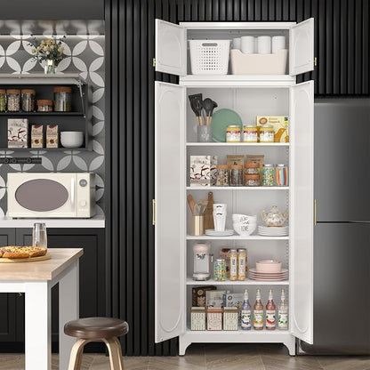 SteeLoong Metal Storage Cabinet and Wall Upper Storage Cabinet,90Inch White Kitchen Pantry Cabinets with 4 Adjustable Shelves,Tall Food Cupboards for Living Room, Dining Room Office