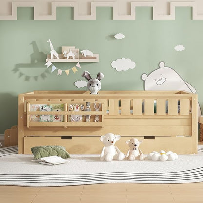 Bellemave Twin Kids Montessori Bed with Stairs, Bookshelf and Trundle, Solid Wood Kids Bed Frame with Storage for Boys Girls, Low Profile,Light Natural