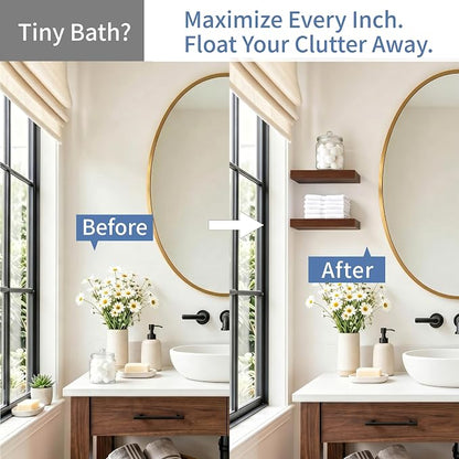 Floating Shelves for Wall, Wall Mounted Rustic Wood Shelves for Bathroom, Bedroom, Living Room & Kitchen, Hanging Shelf for Storage, Books & Room Decor, Walnut-Like, Set of 4, 12"x7"x1.5"