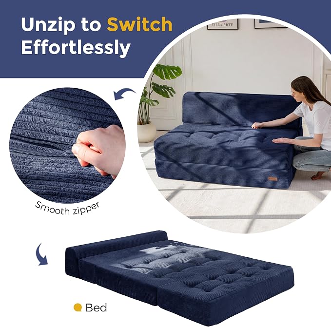 MAXYOYO 8" Folding Sofa Bed, Fold Out Chair Bed, Convertible Floor Sofa Couch, High-Density Foam Tufted Lounge Couch for Living Room Bedroom Dorm, Loveseat, Navy