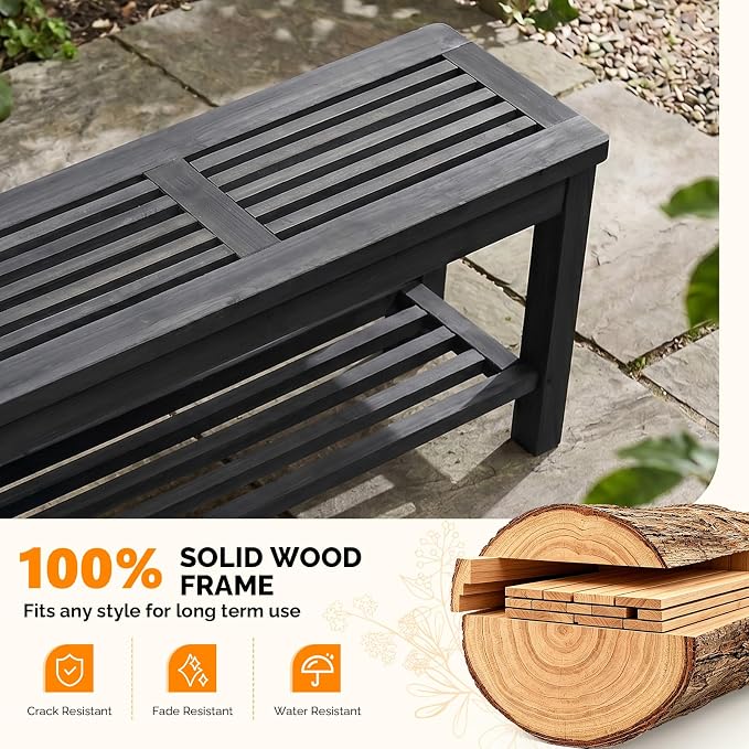 VINGLI Rustic Storage Bench, Solid Wood Seat with Storage Shelf, Indoor Outdoor Shoe Rack, 450lbs Capacity Small Outdoor Bench for Mudroom Entryway Patio Porch (Black, 40in)