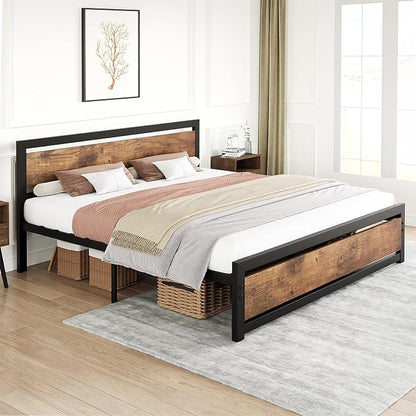 IDEALHOUSE King Size Bed Frame with Wooden Headboard and Footboard, Industrial King Bed Platform, No Box Spring Needed, Noise-Free, 13.8" Under Bed Storage, Easy Assembly
