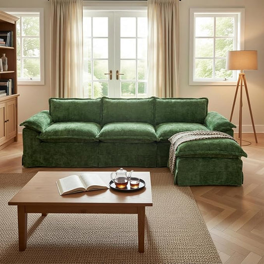 Claiks 123" Modular Boneless Couch, L Shaped Couch for Living Room, Modern Deep Seat Sofa 3 Seater Chenille Fabric Comfy Cloud Couches with Movable Ottoman, Dark Green