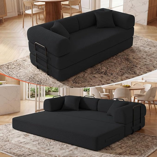 79" Convertible Sleeper Sofa Bed, Corduroy Boneless Fold-Out Couch in a Box, 4-in-1 Loveseat/Futon Couch, High-Density Foam, No Assembly, Side Pockets, 2 Pillows for Small Spaces, Black