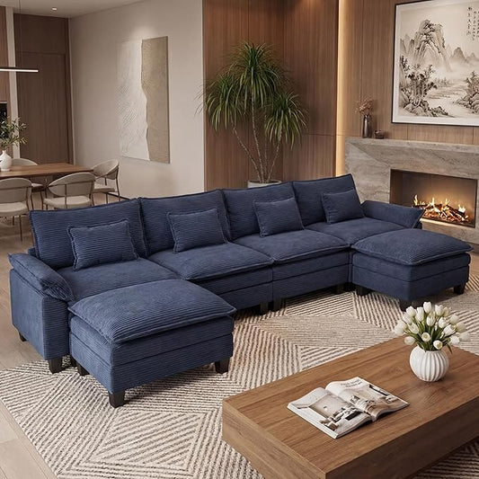 URRED Oversized Modular Sectional Sofa, 157" U Shaped Modern Comfy Cloud Couch with Movable Ottoman & Pillows, Deep Seat Couches for Living Room, Bedroom or Apartment (Corduroy Blue, 157" U Shaped)