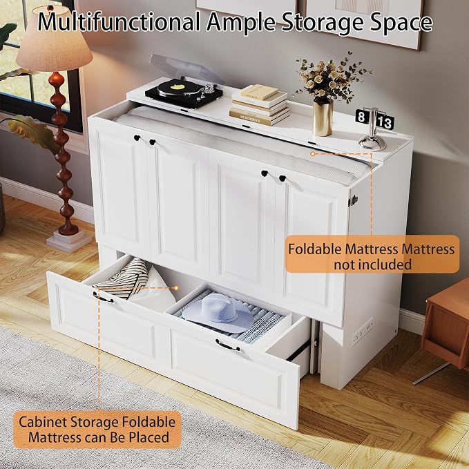Murphy Bed Full Size: White 2 in 1 Murphy Bed Cabinet with Drawer, Wood Cabinet Bed with Charging Station, Modern Hidden Beds for Small Spaces