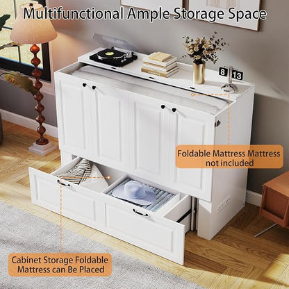 Murphy Bed Full Size: White 2 in 1 Murphy Bed Cabinet with Drawer, Wood Cabinet Bed with Charging Station, Modern Hidden Beds for Small Spaces