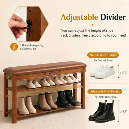 Shoe Rack Bench Entryway Storage with Leather Cushion, Shoe Organizer Bench for Entryway, Front Doors Entrances Hallway,Mudroom,Closet, Bedroom,Solidwood 3 Height-Adjustable Removable Shelve,47.2"