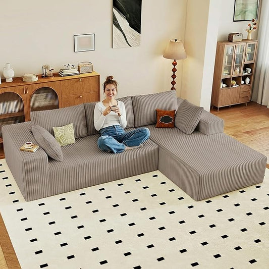 95" Cloud Sectional Couch with L-Shape Chaise, Modular Comfy Sofa Chaise Longue, Upholstered Corduroy Couches Sleeper with Deep Seat for Living Room Bedroom, No Assembly Required(Camel, Right Facing)