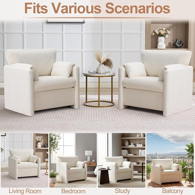 Oversized Accent Chair for Living Room, 32.68" Modern Armchair Set of 2 with Deep Seat, Mid-Century Comfy Reading Chair with Padded Arms, Large Chenille Single Sofa Chairs for Bedroom, Beige
