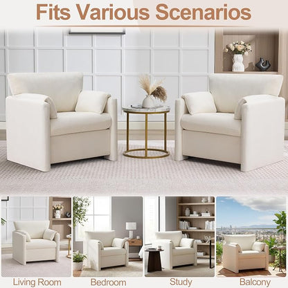 Oversized Accent Chair for Living Room, 32.68" Large Modern Armchair with Deep Seat, Mid-Century Comfy Reading Chair with Padded Arms, Chenille Single Sofa Chairs for Bedroom, Beige