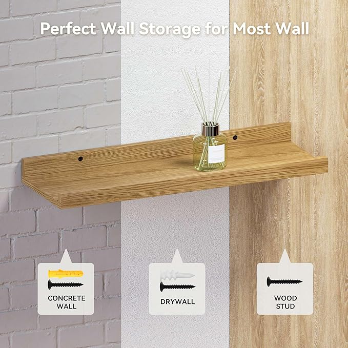 Boswillon Floating Shelves Set of 2, Modern Wall Shelves with Lip, Display Picture Ledge for Bedroom, Living Room, Bathroom, Kitchen - Oak