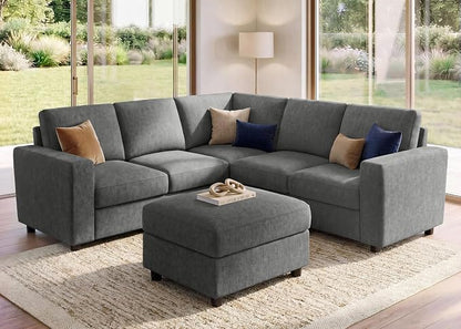 HONBAY Sectional Sofa, 6 Seats 80 Inch L Shaped Couch with Ottoman Pet-Friendly for Small Apartment Living Room, Light Grey