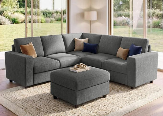 HONBAY Sectional Sofa, 6 Seats 80 Inch L Shaped Couch with Ottoman Pet-Friendly for Small Apartment Living Room, Light Grey