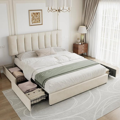 VECELO King Size Bed Frame with 4 Storage Drawers, Adjustable Height Headboard, Heavy-Duty Bedframe with Strong Wooden Slats, No Box Spring Needed, Pale Beige