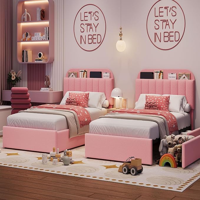 Garvee Twin XL Size Bed Frame with 2 Flexible Drawers, Boucle Upholstered Platform Bed Frame with Bookcase Headboard, Bedframe for Kids/Girls, Easy Assembly, No Box Spring Needed, Noise Free, Pink