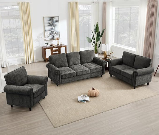 Kingfun Loveseat 2&3 Seater Couch with Chair, Mid Century Modern Chenille Sofa Set with Rolled Arms and Deep Seats, Fluffy Comfort for Living Room, Apartment, Easy Assembly, Grey