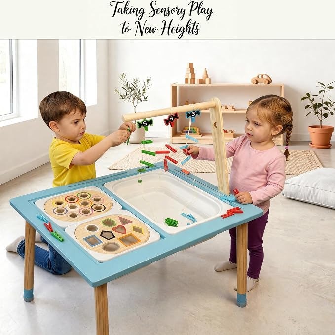Blue Sensory Table for Toddlers – Montessori Activity Table with 3 Bins, 2 White Acrylic Lids, Transparent Lid, Paper Roll Holder, Wooden Inserts, Storage Bag & Adjustable Heights