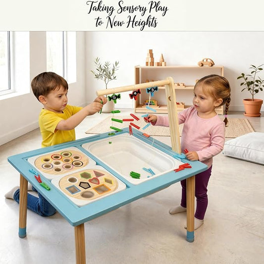 Blue Sensory Table for Toddlers – Montessori Activity Table with 3 Bins, 2 White Acrylic Lids, Transparent Lid, Paper Roll Holder, Wooden Inserts, Storage Bag & Adjustable Heights