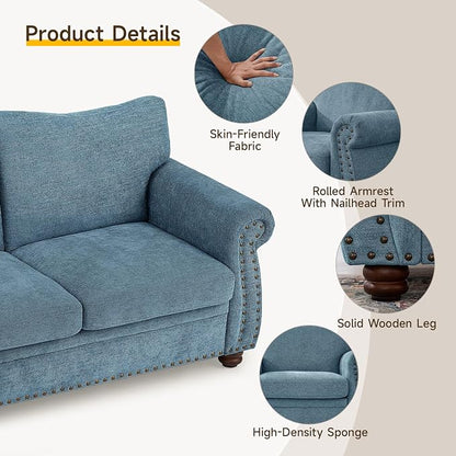 ONBRILL Nailhead Sofa, 66 Inch Small Couch with Rolled Arms, Chenille Fabric Loveseat w/Springs Seat Cushion, Vintage Curved Back, Turned Wood Legs, Comfy Couch for Living Room, Farmhouse, Teal