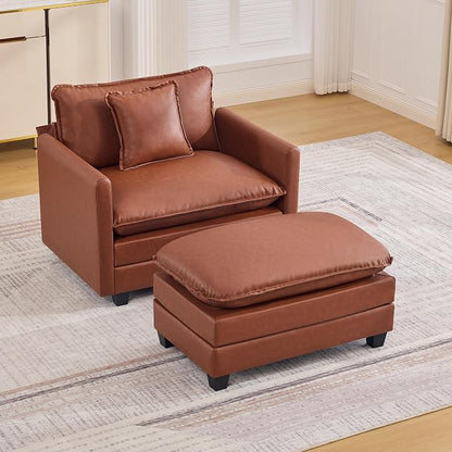 WUTUTUEE 35'' Modern Leather Cloud Sofa Ottoman,Rectangle Ottoman for Modular Sectional Sofa, Leather Brown