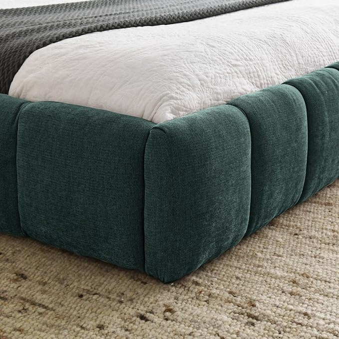 KEIKI Queen Thick Chenille Platform Bed Frame with Upholstered Tufted Headboard, Modern Solid Wood Floor Platform for Bedroom, No Box Spring Needed